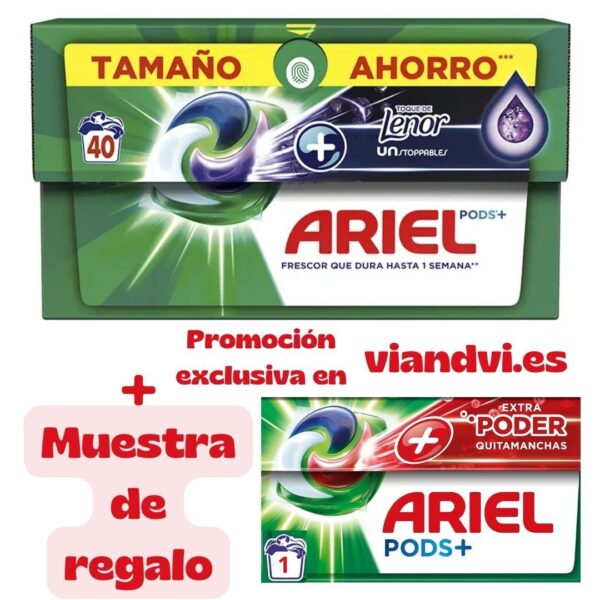 ARIEL PODS +Todo en 1 en Cápsulas 40 Lavados con un Toque de Lenor +Muestra Ariel Pods Extra Poder de regalo