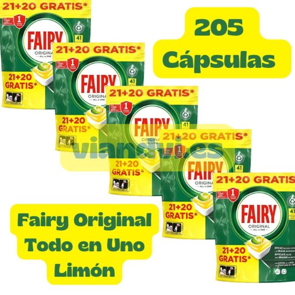 Fairy Original Todo en Uno Aroma Limón 205 Cápsulas para Lavavajillas [5 Bolsas de 21 + 20 Cápsulas]