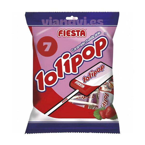 Lolipop Fresa Fiesta Caramelo con Palo Masticable Bolsa de 7 unidades