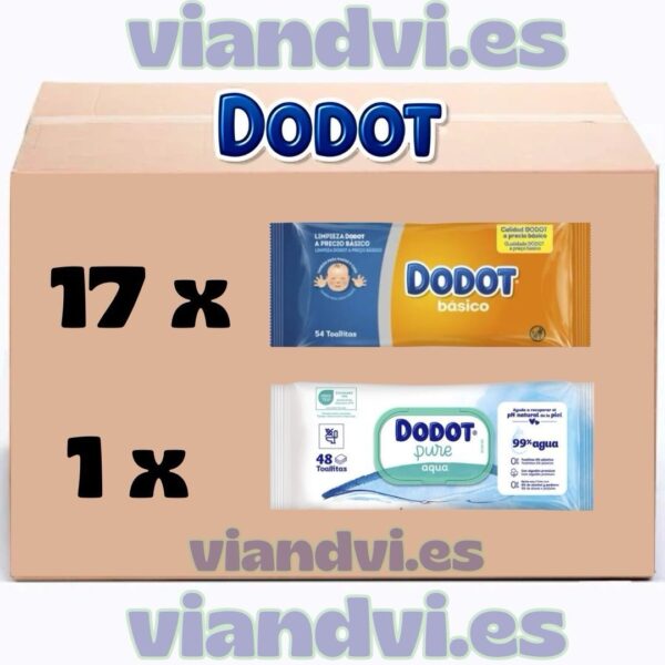 Dodot Caja con 18 paquetes de Toallitas 17 x 54 Toallitas Dodot Básico + 1 x 48 Toallitas Dodot Aqua Pure