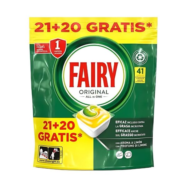 Fairy Original Todo en Uno Aroma Limón Cápsulas para Lavavajillas Bolsa de 21 + 20 Cápsulas