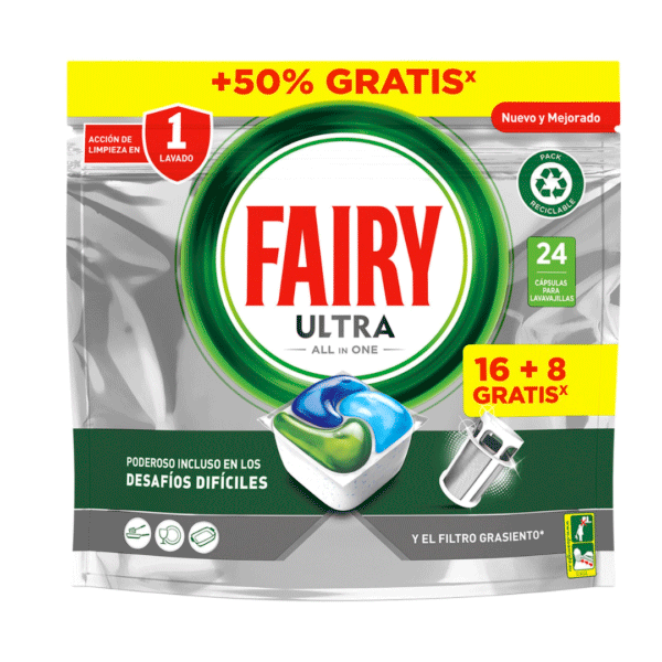 Fairy Ultra Todo en Uno Cápsulas para Lavavajillas Bolsa de 16+8 Cápsulas