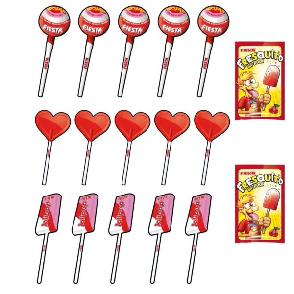 FIESTA Gift Box 5 Kojak Cereza + 5 Piruletas Cereza + 5 Lolipop Fresa + 2 Fresquito Cereza. - Imagen 2