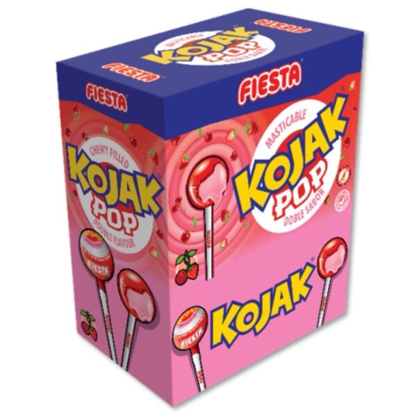 KOJAK Lolipop Caramelo con Palo Sabor Cereza Relleno de Masticable de Fresa Caja de 100