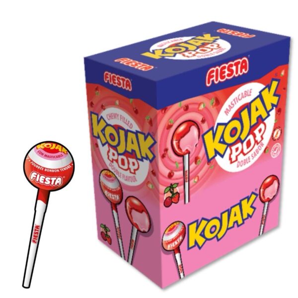 KOJAK Lolipop Caramelo con Palo Sabor Cereza Relleno de Masticable de Fresa Caja de 100 - Imagen 4