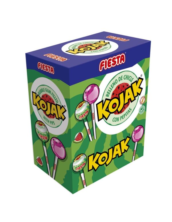 Kojak Sandía Pepitas Caramelo con Palo Relleno de Chicle Caja de 100