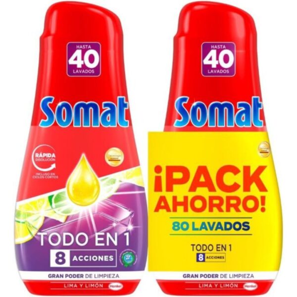 Somat Todo en 1 Gel Lavavajillas Pack Ahorro 2 x 40 Lavados Lima Limón