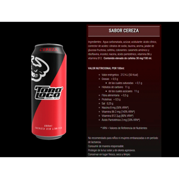 Toro Loco Bebida Energética Sabor Cereza Caja de 24 x 500ml - Imagen 2