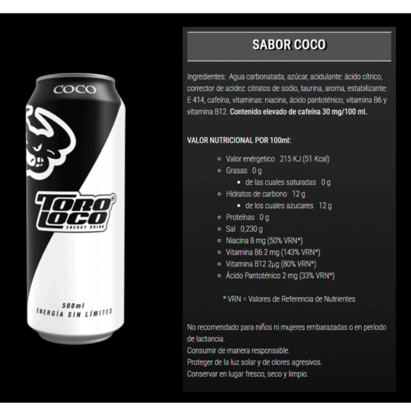 Toro Loco Bebida Energética Sabor Coco Caja de 24 x 500ml - Imagen 3