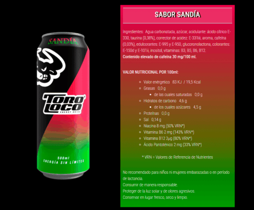 Toro Loco Bebida Energética Sabor Sandía Caja de 24 x 500ml - Imagen 3