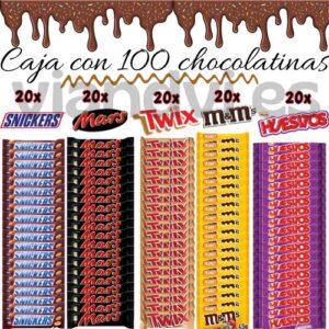 caja con 100 chocolatinas sineckers mars twix m&m's huesitos