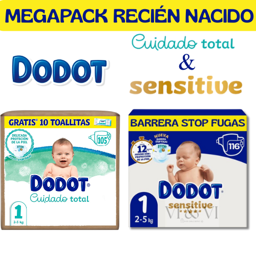 Dodot Talla 1 Mega Pack Sensitive y Cuidado Total + Toallitas